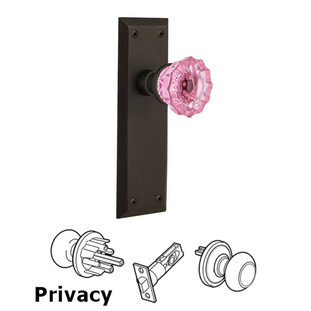 Nostalgic Warehouse - Privacy - New York Plate Crystal Pink Glass Door Knob in Oil-Rubbed Bronze
