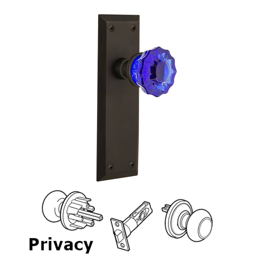 Nostalgic Warehouse - Privacy - New York Plate Crystal Cobalt Glass Door Knob in Oil-Rubbed Bronze