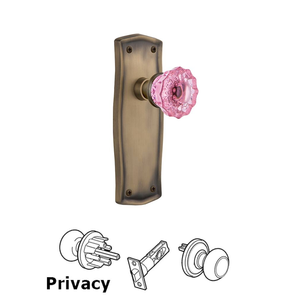 Nostalgic Warehouse - Privacy - Prairie Plate Crystal Pink Glass Door Knob in Antique Brass