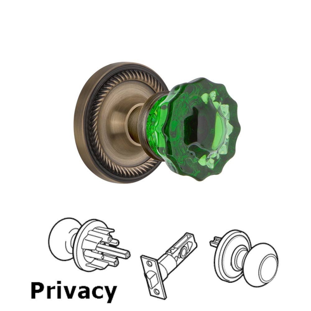 Nostalgic Warehouse - Privacy - Rope Rose Crystal Emerald Glass Door Knob in Unlaquered Brass