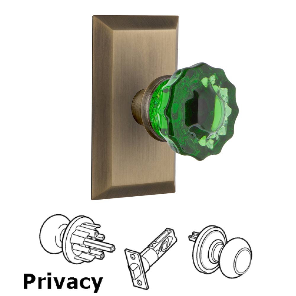 Nostalgic Warehouse - Privacy - Studio Plate Crystal Emerald Glass Door Knob in Antique Brass