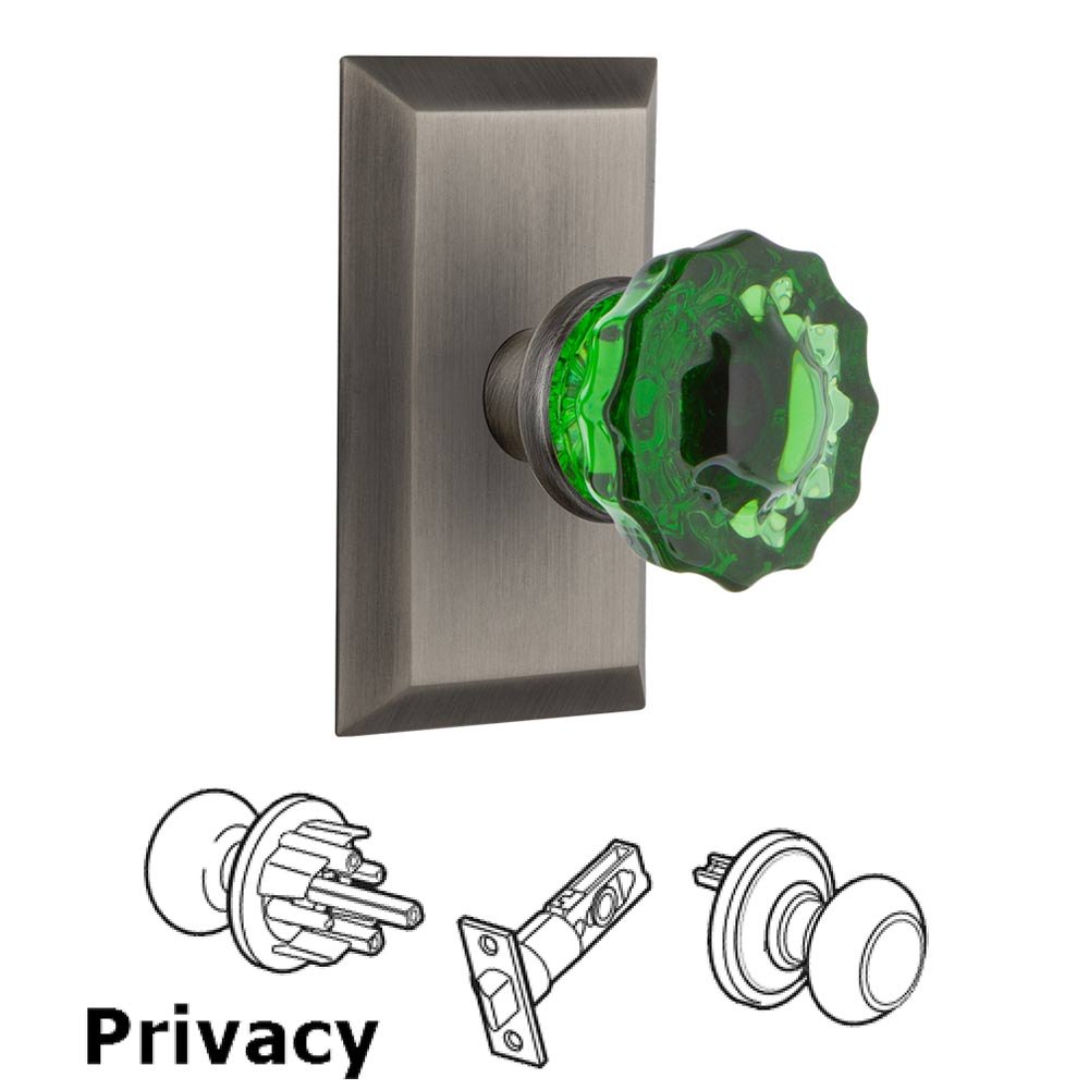 Nostalgic Warehouse - Privacy - Studio Plate Crystal Emerald Glass Door Knob in Antique Pewter