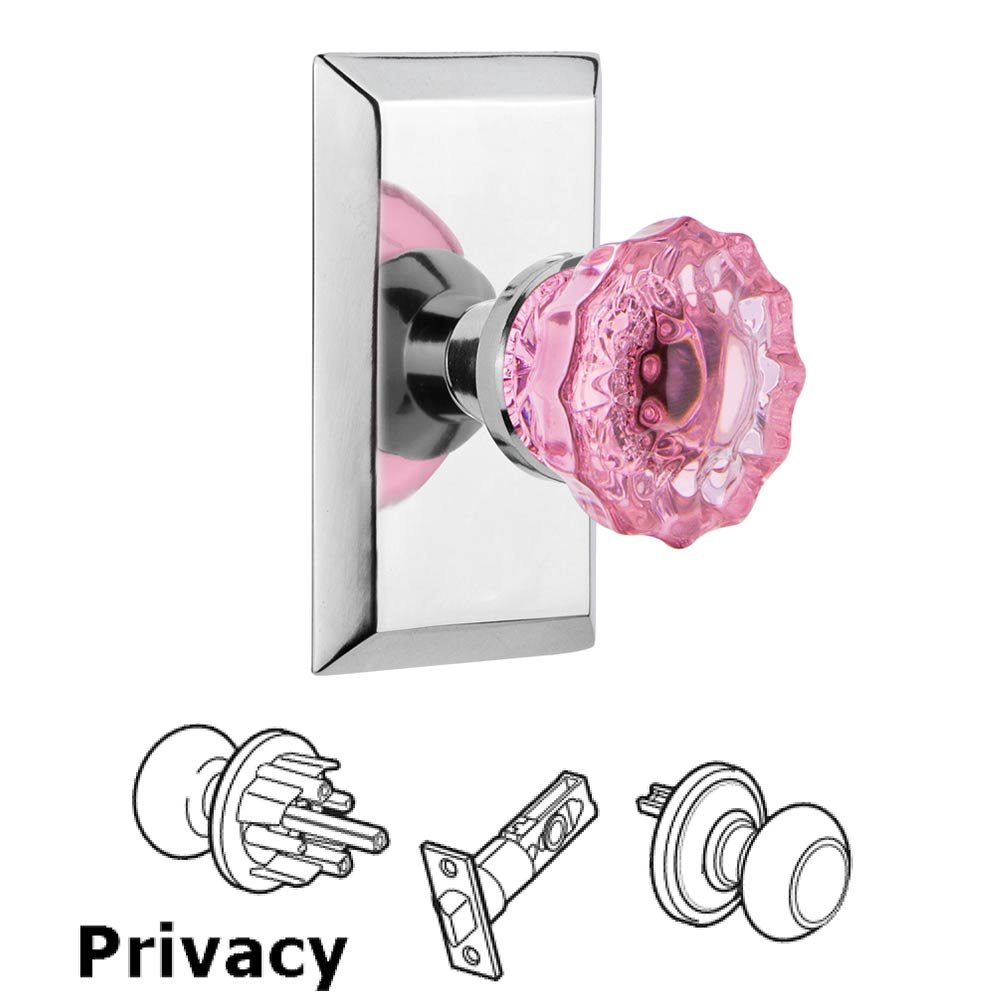 Nostalgic Warehouse - Privacy - Studio Plate Crystal Pink Glass Door Knob in Bright Chrome
