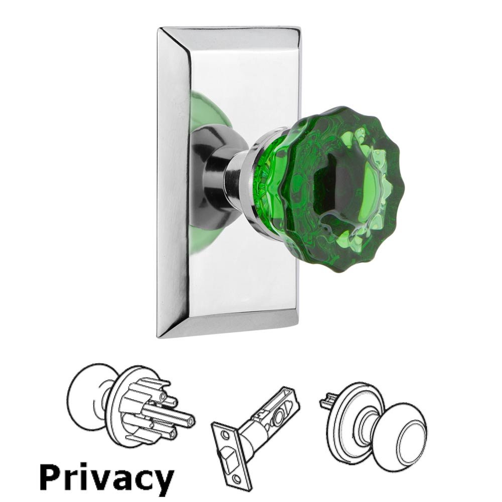 Nostalgic Warehouse - Privacy - Studio Plate Crystal Emerald Glass Door Knob in Bright Chrome
