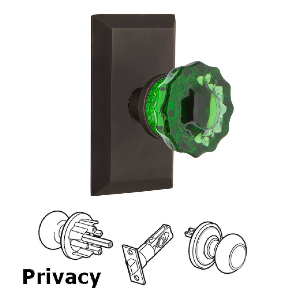 Nostalgic Warehouse - Privacy - Studio Plate Crystal Emerald Glass Door Knob in Oil-Rubbed Bronze