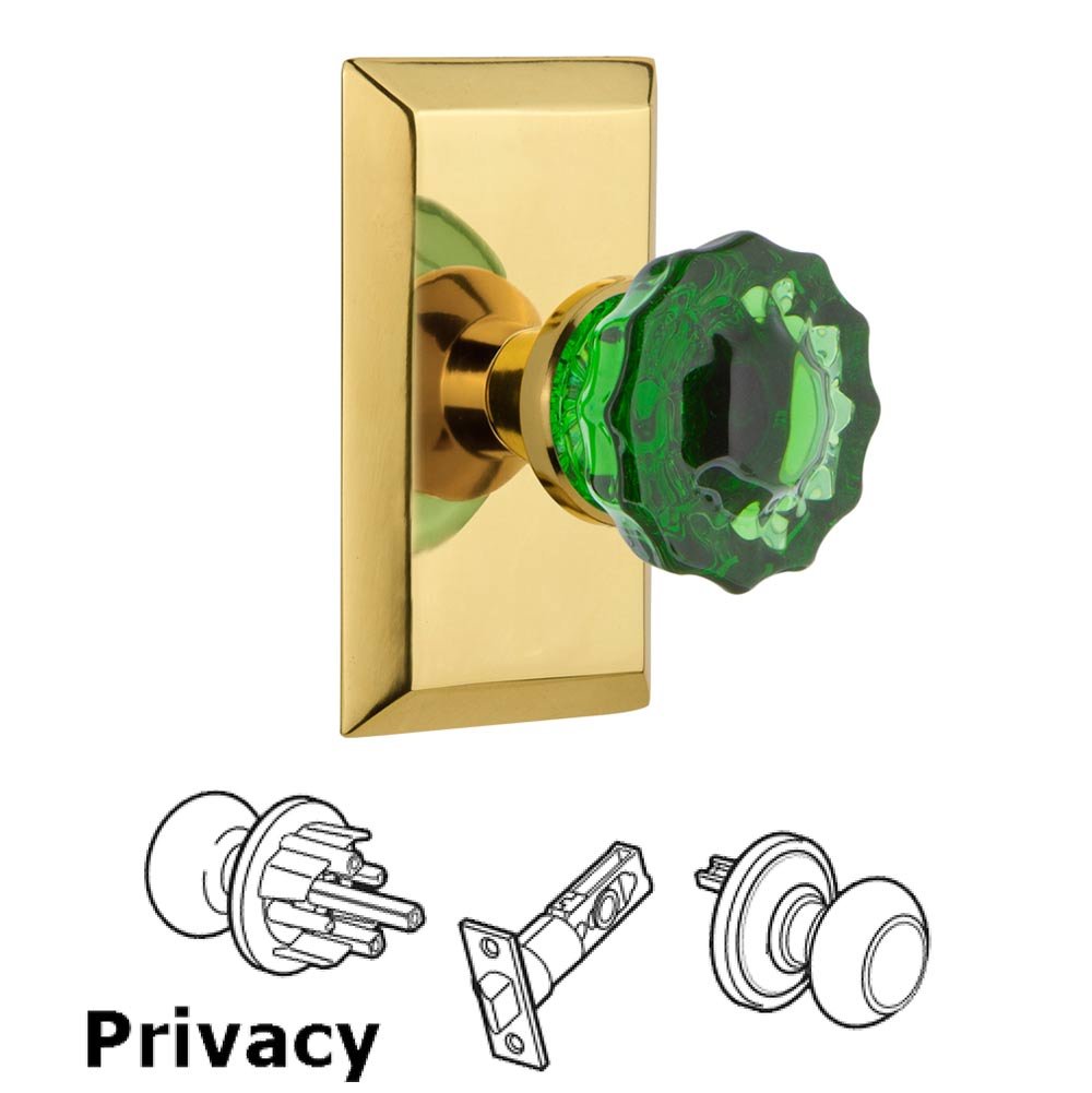 Nostalgic Warehouse - Privacy - Studio Plate Crystal Emerald Glass Door Knob in Polished Brass