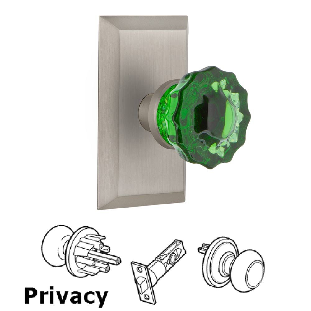 Nostalgic Warehouse - Privacy - Studio Plate Crystal Emerald Glass Door Knob in Satin Nickel