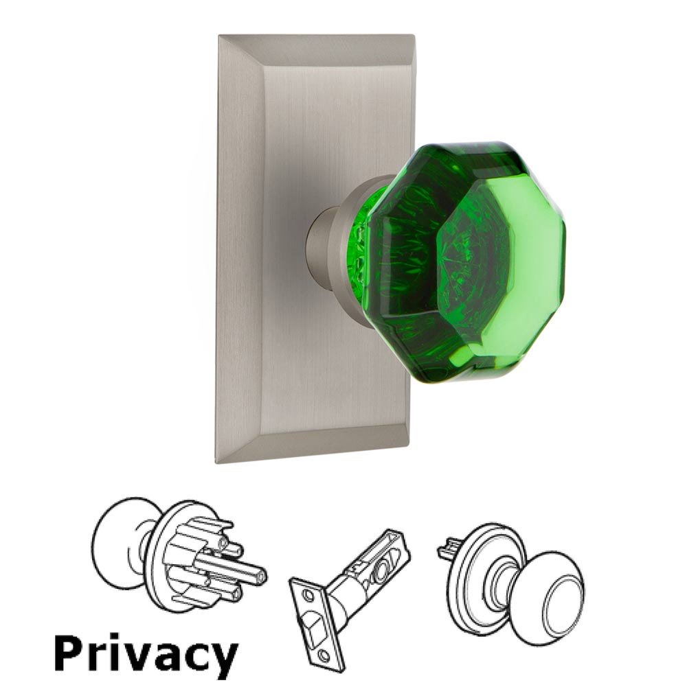 Nostalgic Warehouse - Privacy - Studio Plate Waldorf Emerald Door Knob in Satin Nickel