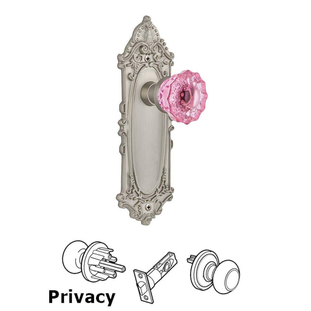 Nostalgic Warehouse - Privacy - Victorian Plate Crystal Pink Glass Door Knob in Satin Nickel