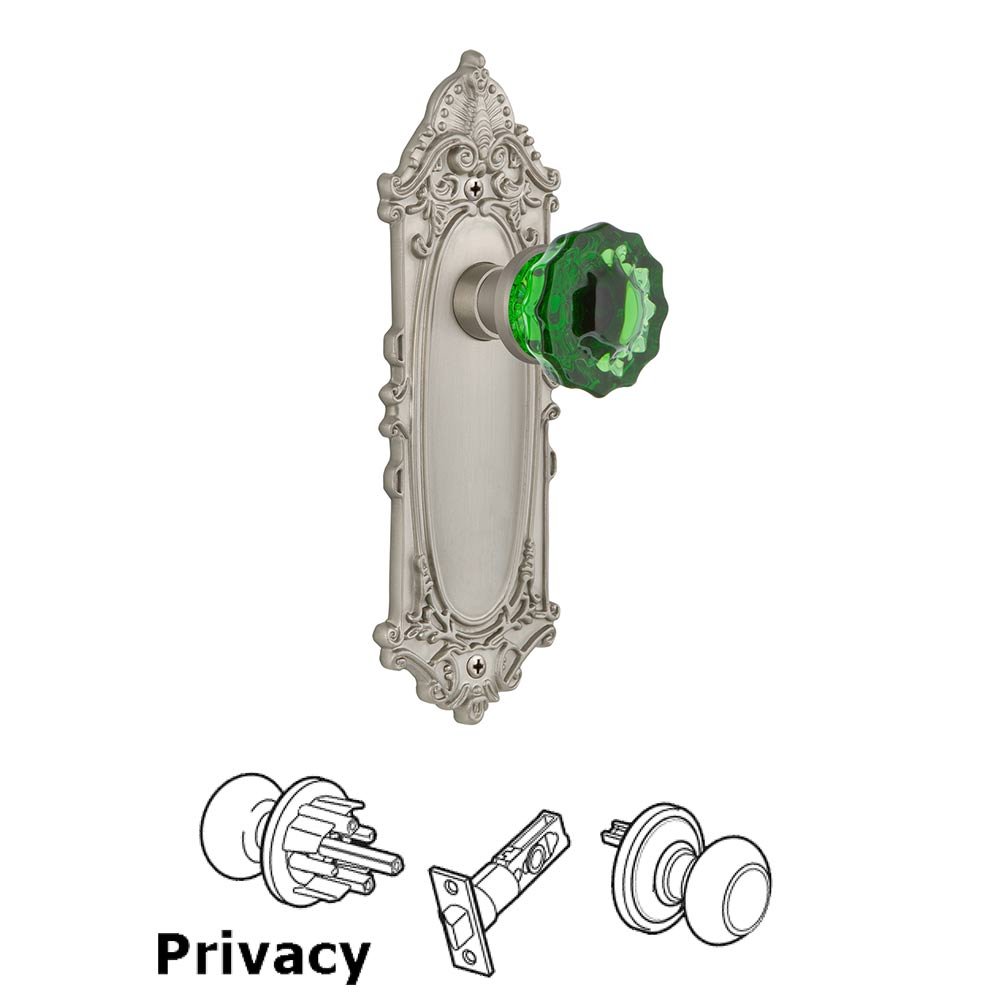 Nostalgic Warehouse - Privacy - Victorian Plate Crystal Emerald Glass Door Knob in Satin Nickel