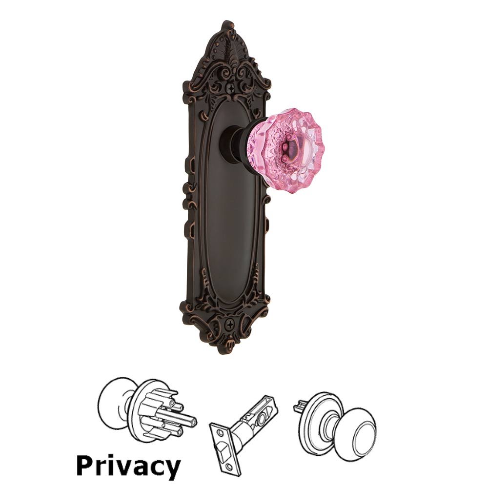 Nostalgic Warehouse - Privacy - Victorian Plate Crystal Pink Glass Door Knob in Timeless Bronze