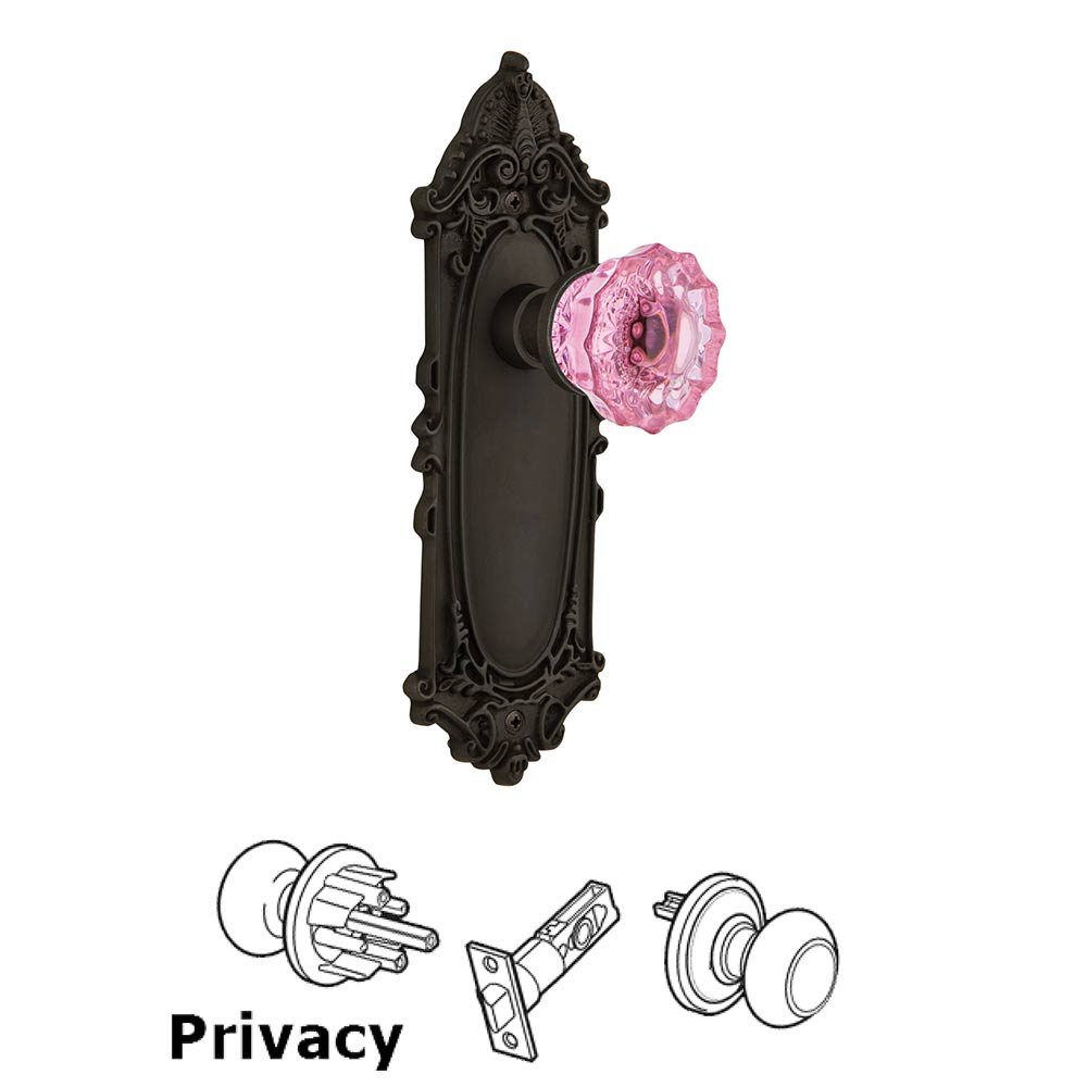 Nostalgic Warehouse - Privacy - Victorian Plate Crystal Pink Glass Door Knob in Oil-Rubbed Bronze