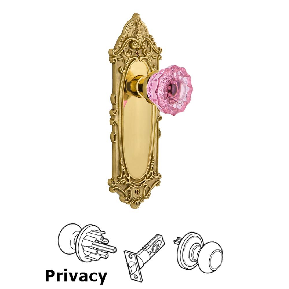 Nostalgic Warehouse - Privacy - Victorian Plate Crystal Pink Glass Door Knob in Polished Brass