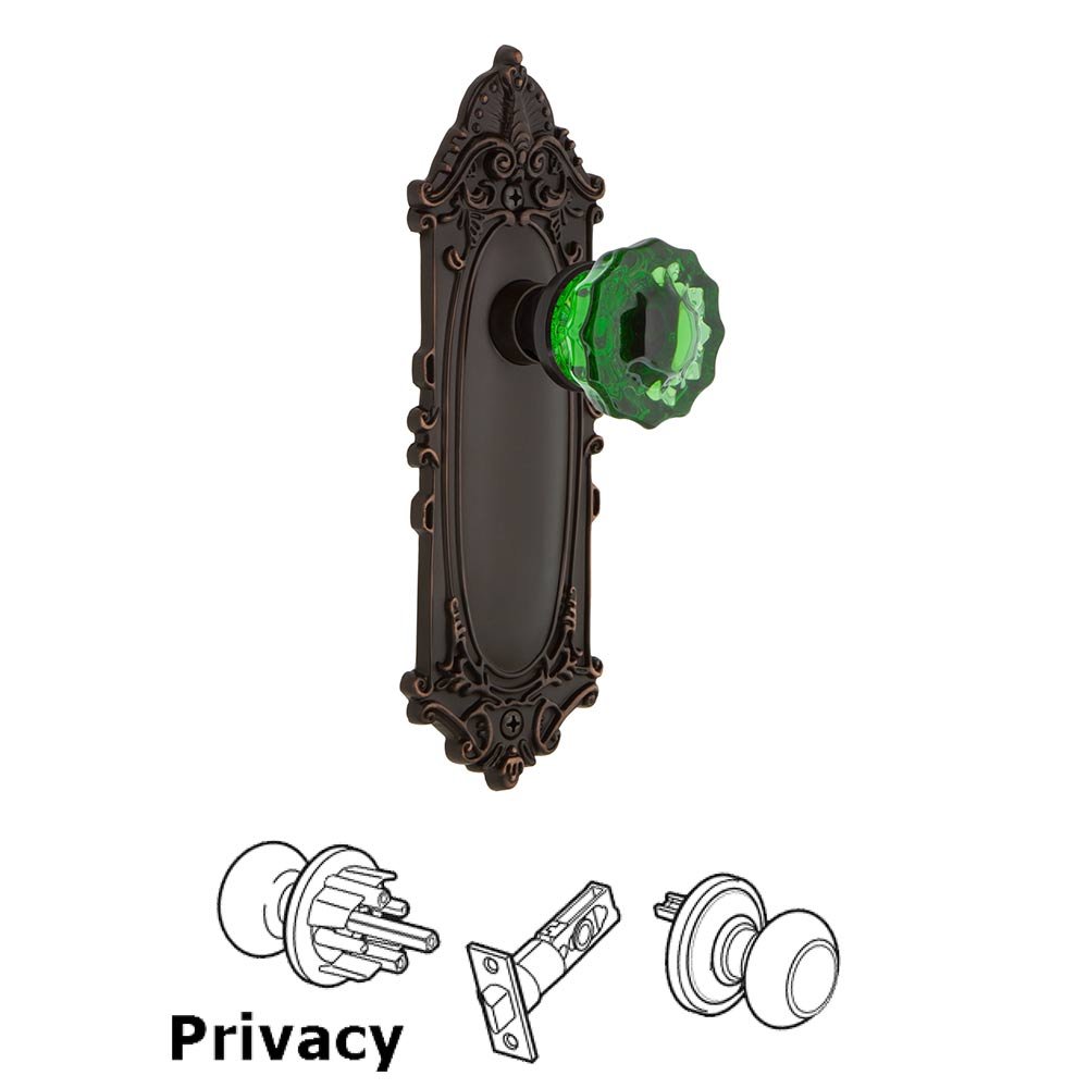 Nostalgic Warehouse - Privacy - Victorian Plate Crystal Emerald Glass Door Knob in Timeless Bronze
