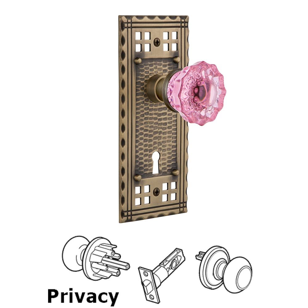 Nostalgic Warehouse - Privacy - Craftsman Plate with Keyhole Crystal Pink Glass Door Knob in Antique Brass