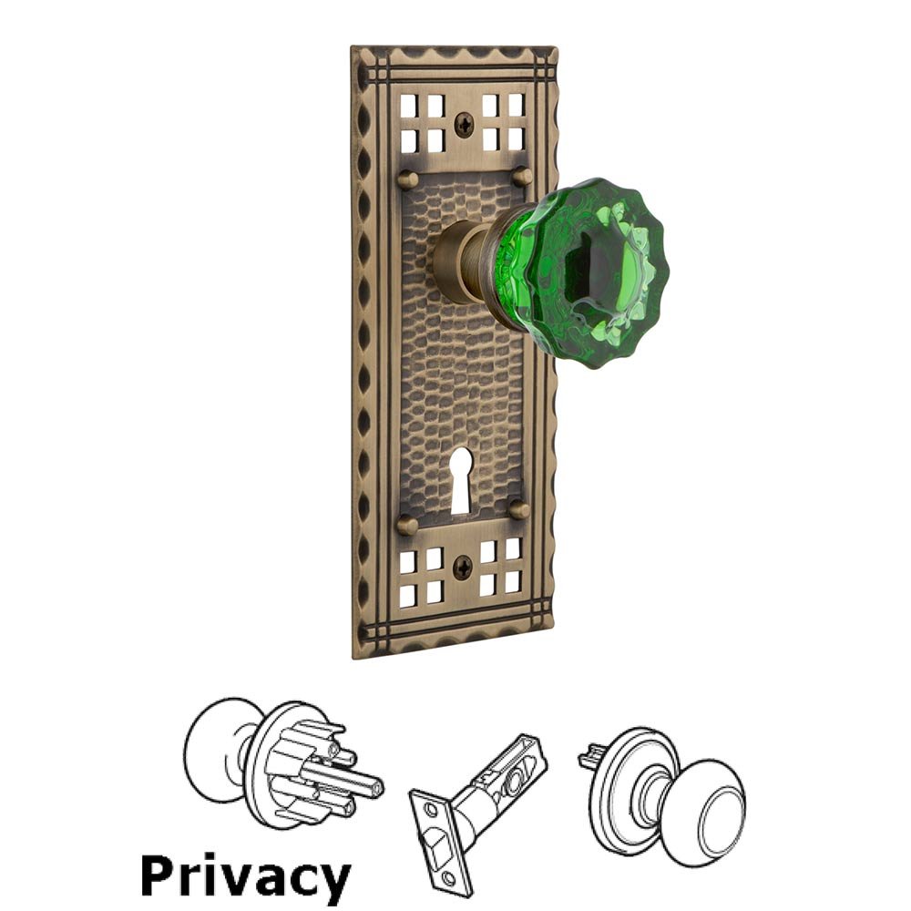 Nostalgic Warehouse - Privacy - Craftsman Plate with Keyhole Crystal Emerald Glass Door Knob in Antique Brass