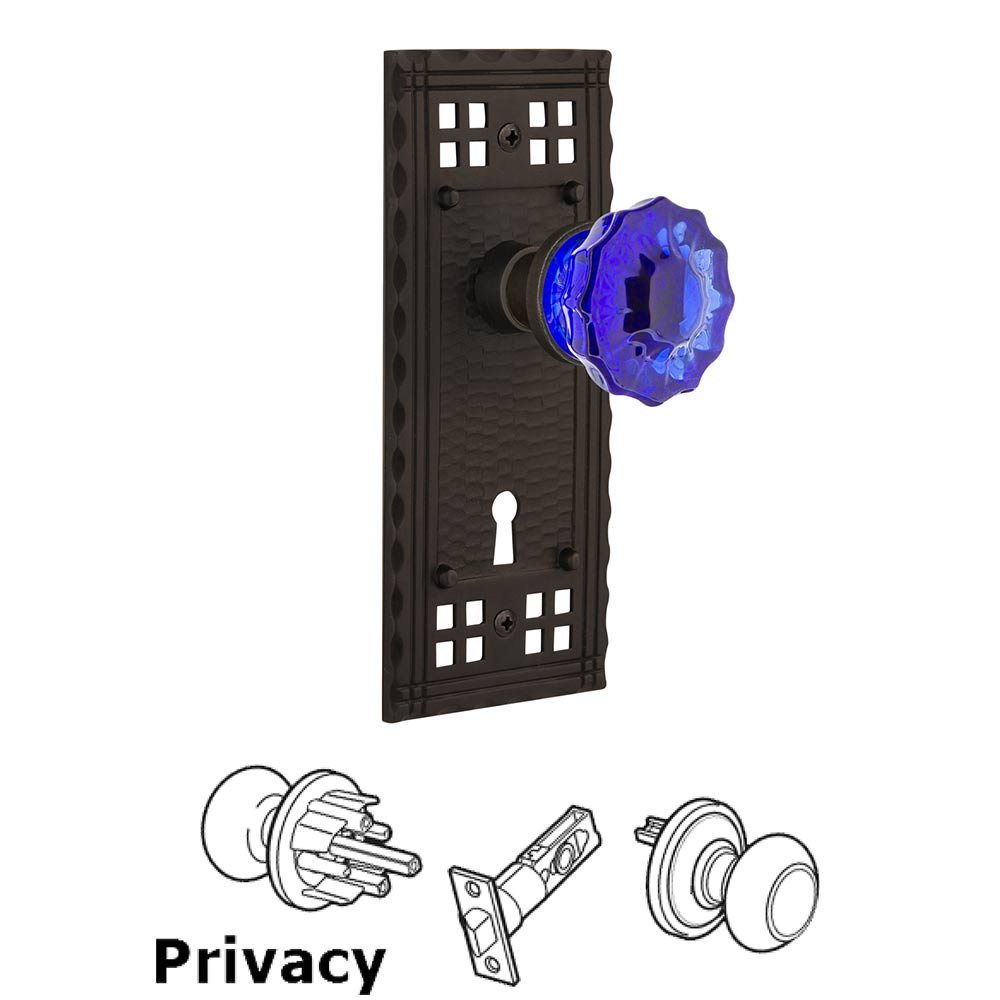 Nostalgic Warehouse - Privacy - Craftsman Plate with Keyhole Crystal Cobalt Glass Door Knob in Oil-Rubbed Bronze
