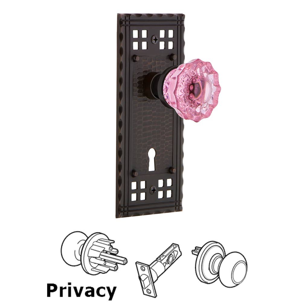 Nostalgic Warehouse - Privacy - Craftsman Plate with Keyhole Crystal Pink Glass Door Knob in Timeless Bronze