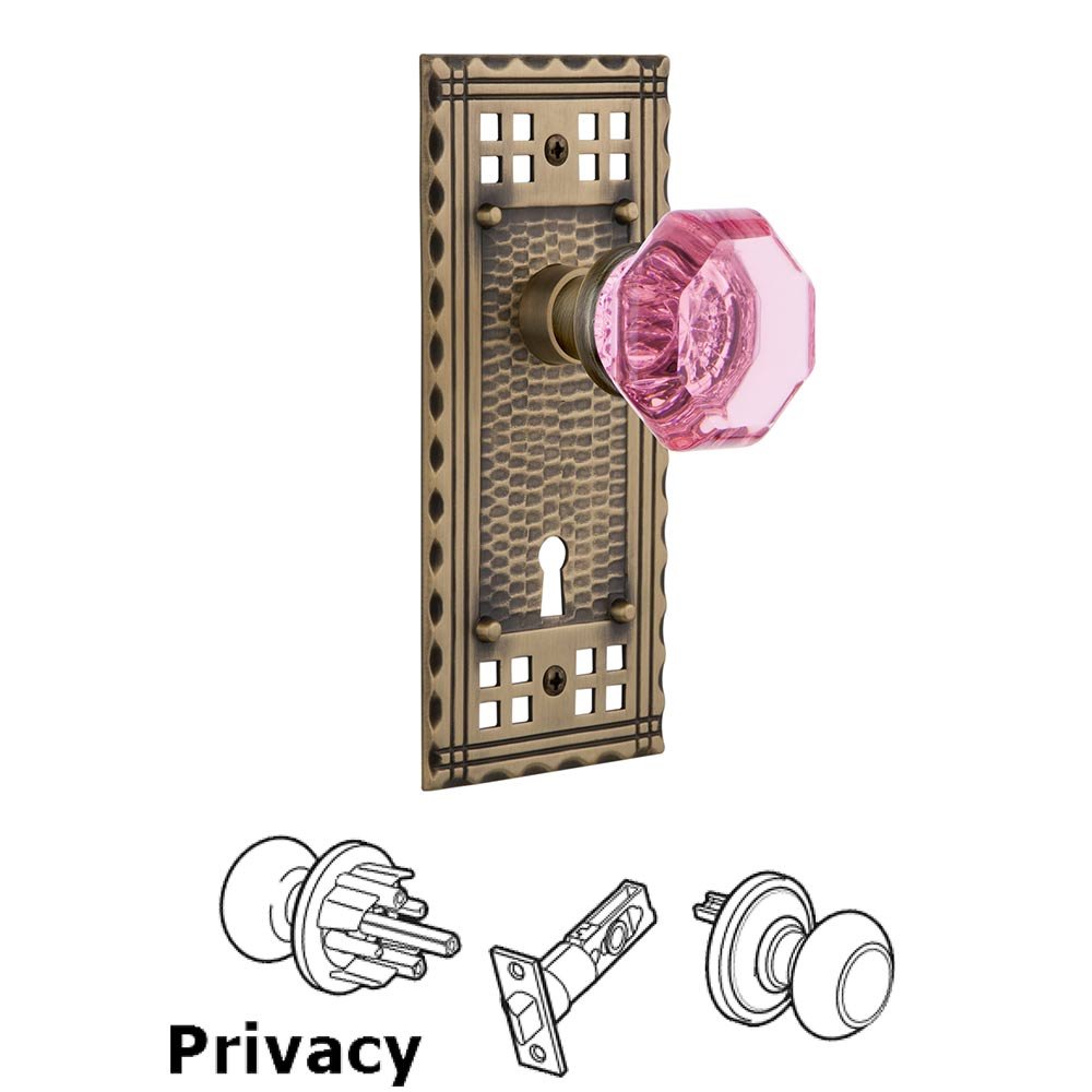 Nostalgic Warehouse - Privacy - Craftsman Plate with Keyhole Waldorf Pink Door Knob in Antique Brass