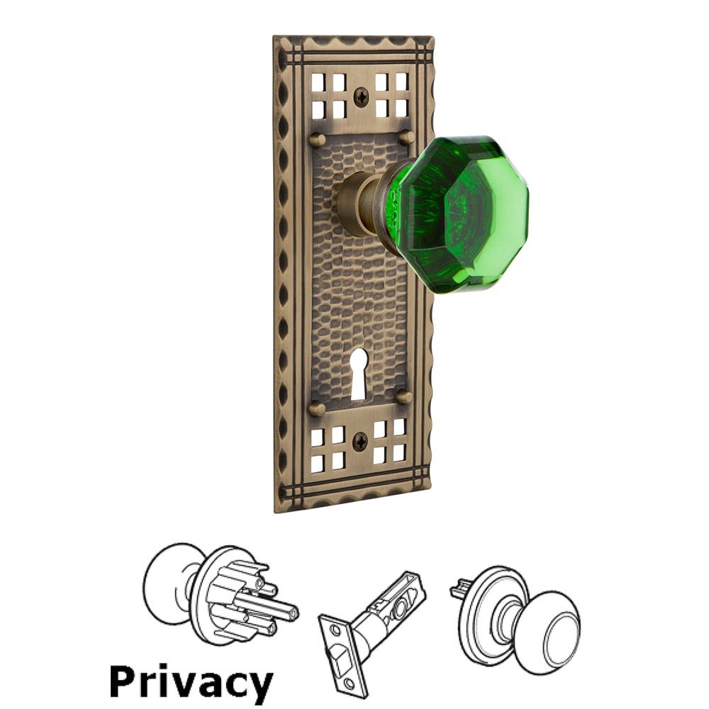 Nostalgic Warehouse - Privacy - Craftsman Plate with Keyhole Waldorf Emerald Door Knob in Antique Brass