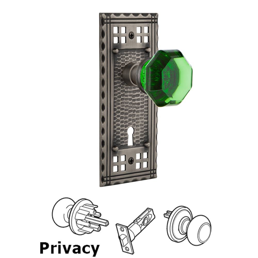 Nostalgic Warehouse - Privacy - Craftsman Plate with Keyhole Waldorf Emerald Door Knob in Antique Pewter