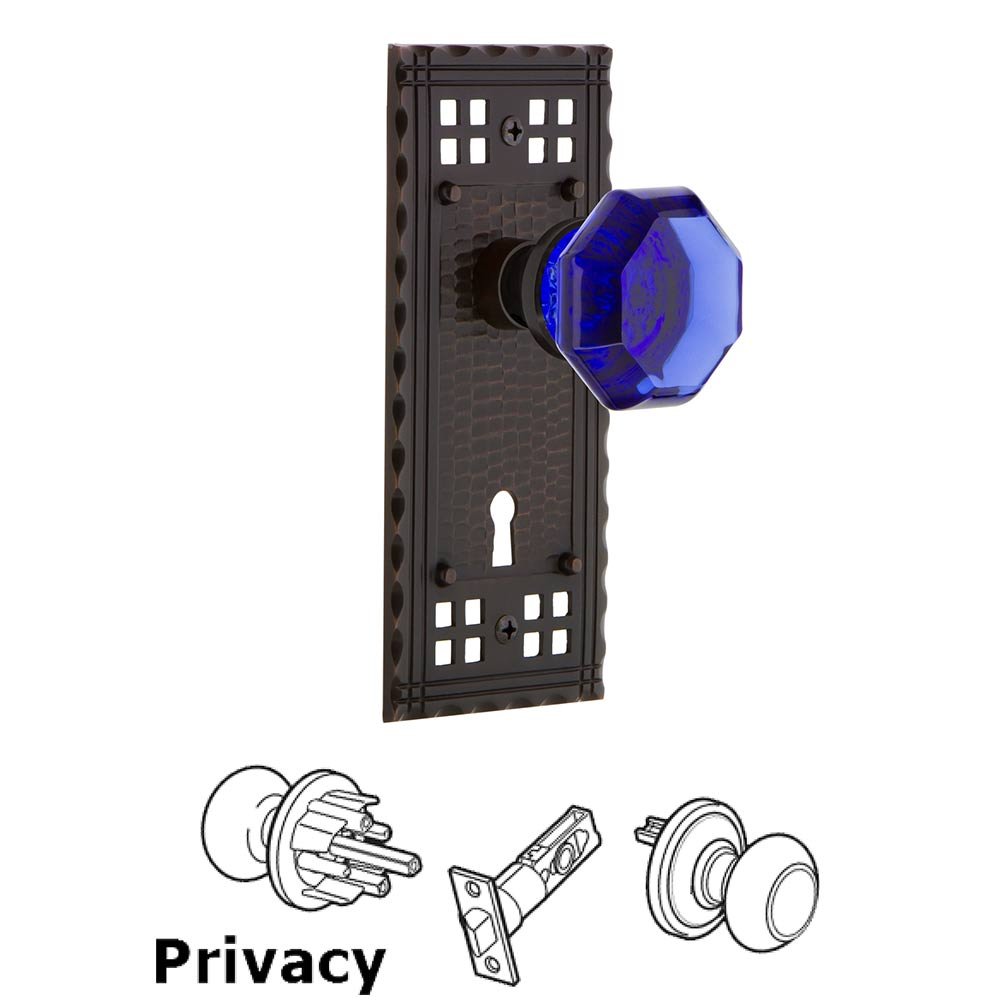 Nostalgic Warehouse - Privacy - Craftsman Plate with Keyhole Waldorf Cobalt Door Knob in Timeless Bronze