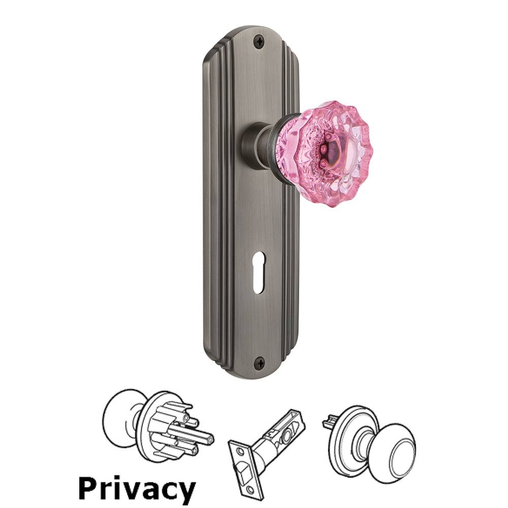 Nostalgic Warehouse - Privacy - Deco Plate with Keyhole Crystal Pink Glass Door Knob in Antique Pewter