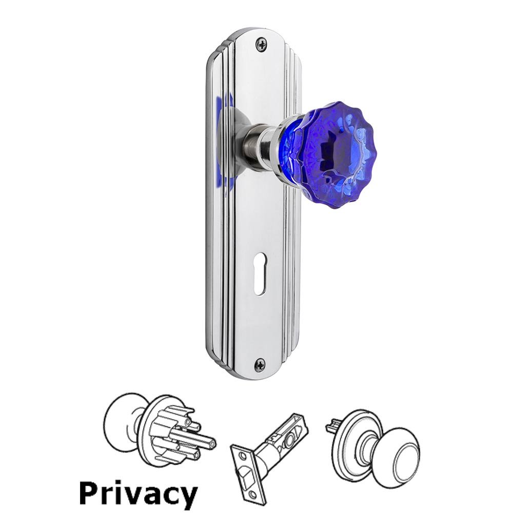 Nostalgic Warehouse - Privacy - Deco Plate with Keyhole Crystal Cobalt Glass Door Knob in Bright Chrome