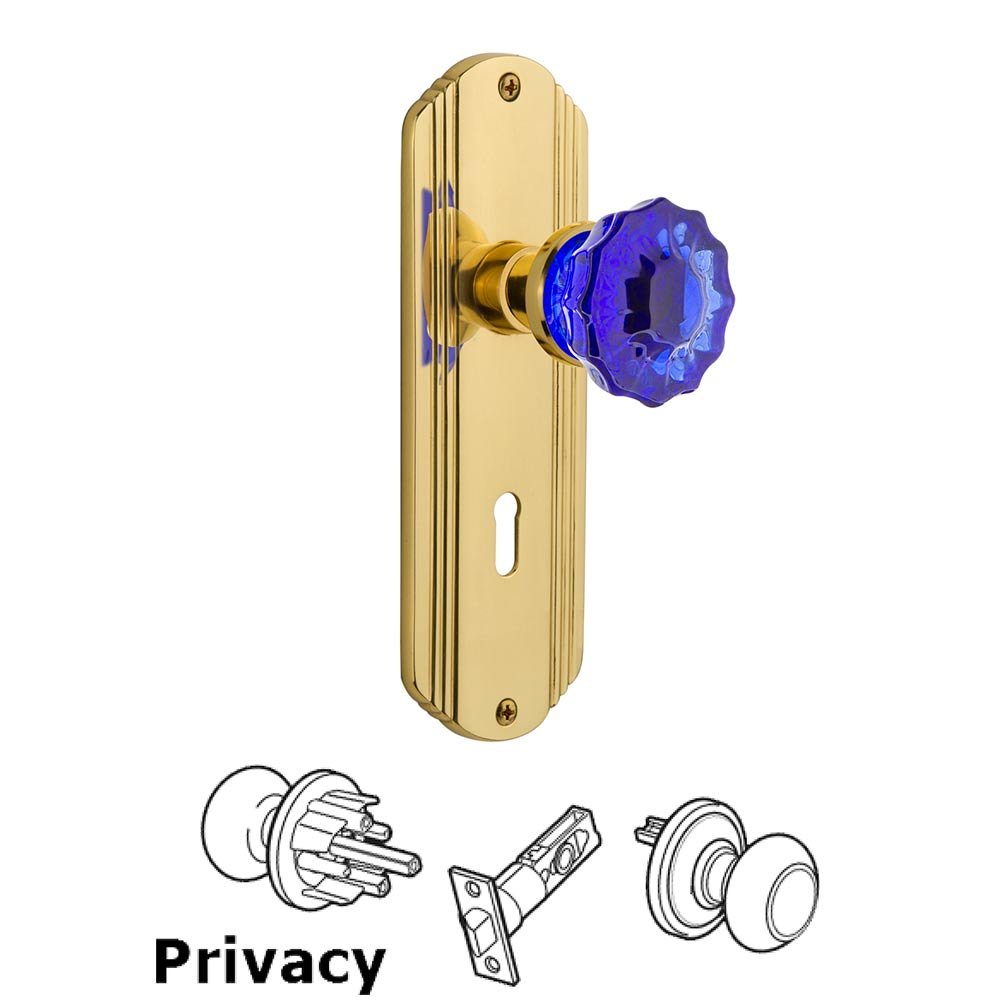 Nostalgic Warehouse - Privacy - Deco Plate with Keyhole Crystal Cobalt Glass Door Knob in Polished Brass