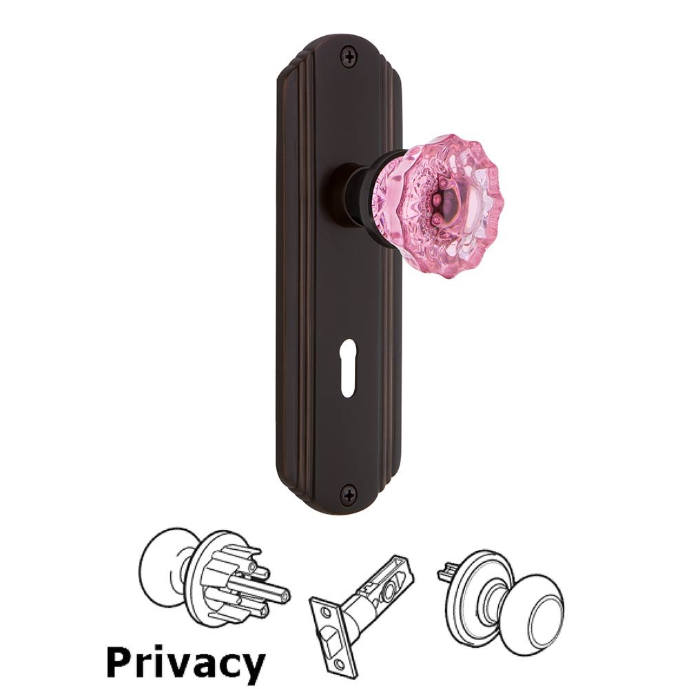 Nostalgic Warehouse - Privacy - Deco Plate with Keyhole Crystal Pink Glass Door Knob in Timeless Bronze