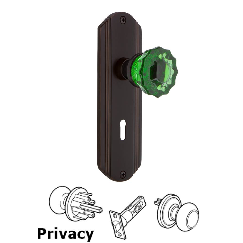 Nostalgic Warehouse - Privacy - Deco Plate with Keyhole Crystal Emerald Glass Door Knob in Timeless Bronze