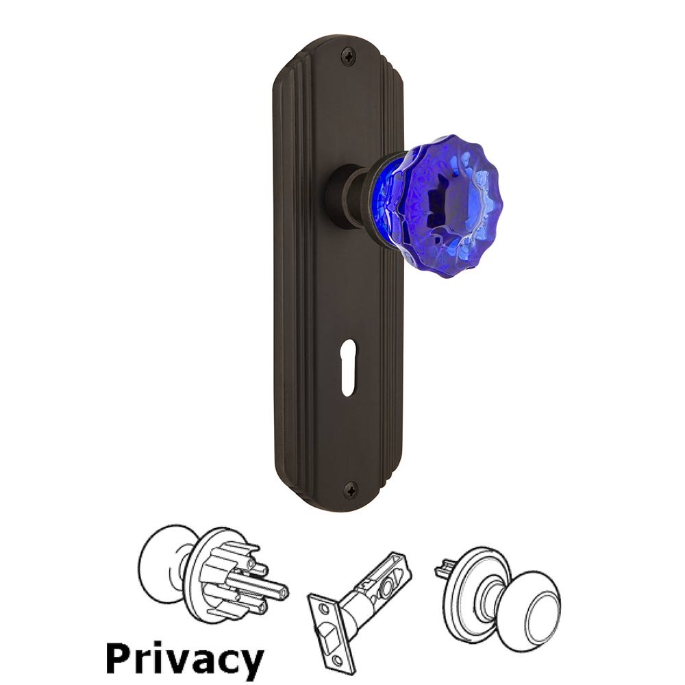Nostalgic Warehouse - Privacy - Deco Plate with Keyhole Crystal Cobalt Glass Door Knob in Oil-Rubbed Bronze
