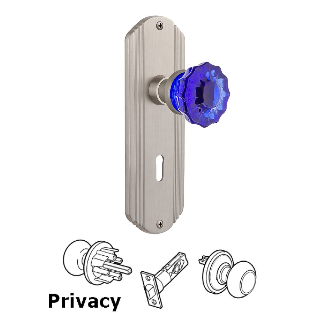 Nostalgic Warehouse - Privacy - Deco Plate with Keyhole Crystal Cobalt Glass Door Knob in Satin Nickel