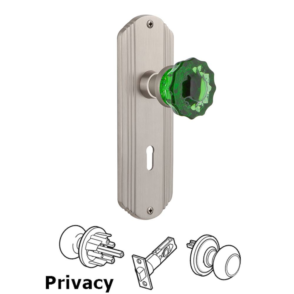 Nostalgic Warehouse - Privacy - Deco Plate with Keyhole Crystal Emerald Glass Door Knob in Satin Nickel