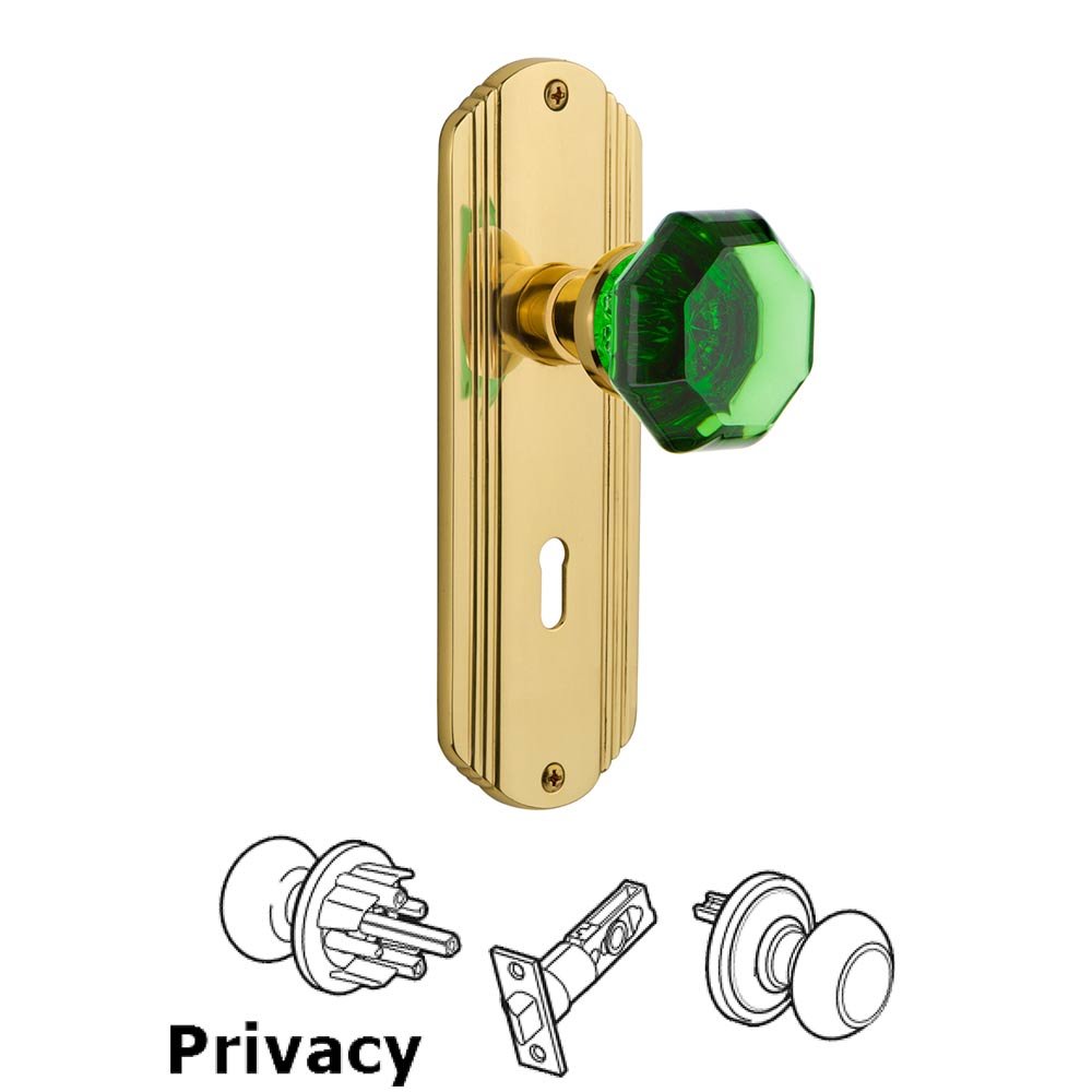 Nostalgic Warehouse - Privacy - Deco Plate with Keyhole Waldorf Emerald Door Knob in Polished Brass