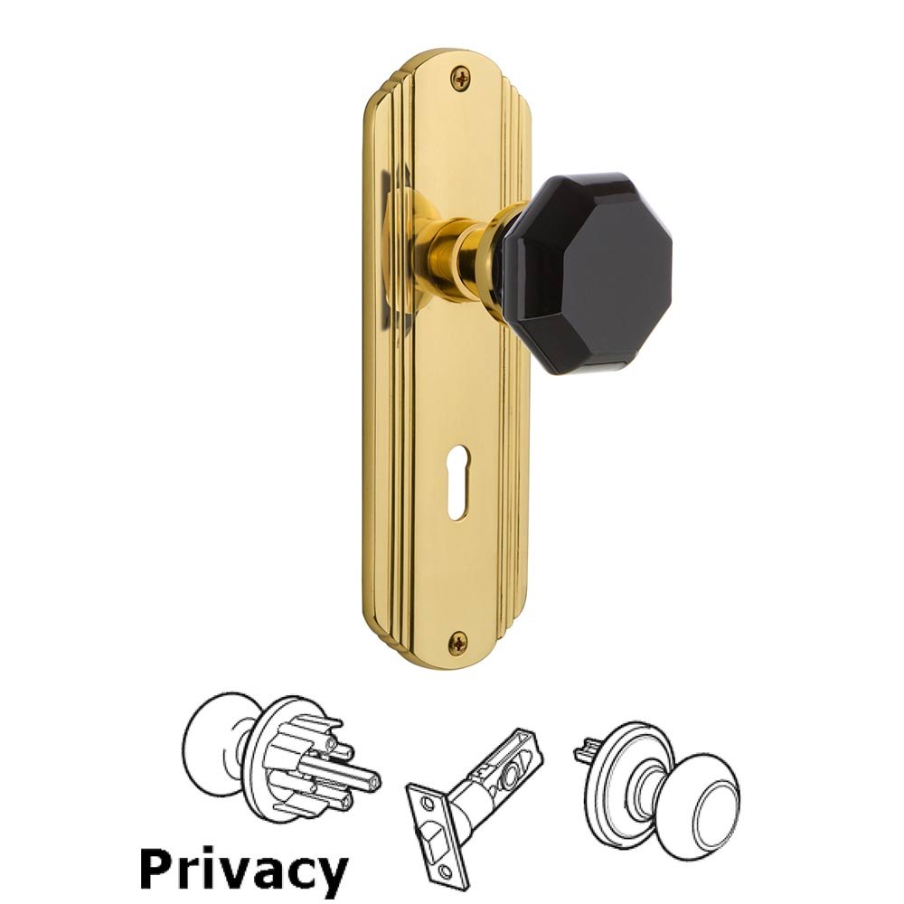 Nostalgic Warehouse - Privacy - Deco Plate with Keyhole Waldorf Black Door Knob in Unlaquered Brass