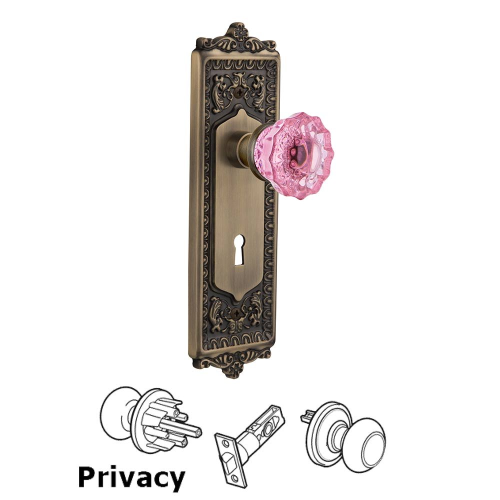 Nostalgic Warehouse - Privacy - Egg & Dart Plate with Keyhole Crystal Pink Glass Door Knob in Antique Brass