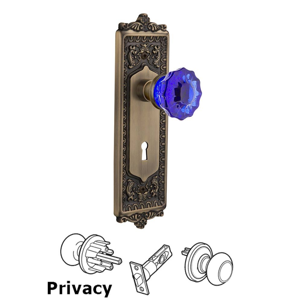 Nostalgic Warehouse - Privacy - Egg & Dart Plate with Keyhole Crystal Cobalt Glass Door Knob in Antique Brass