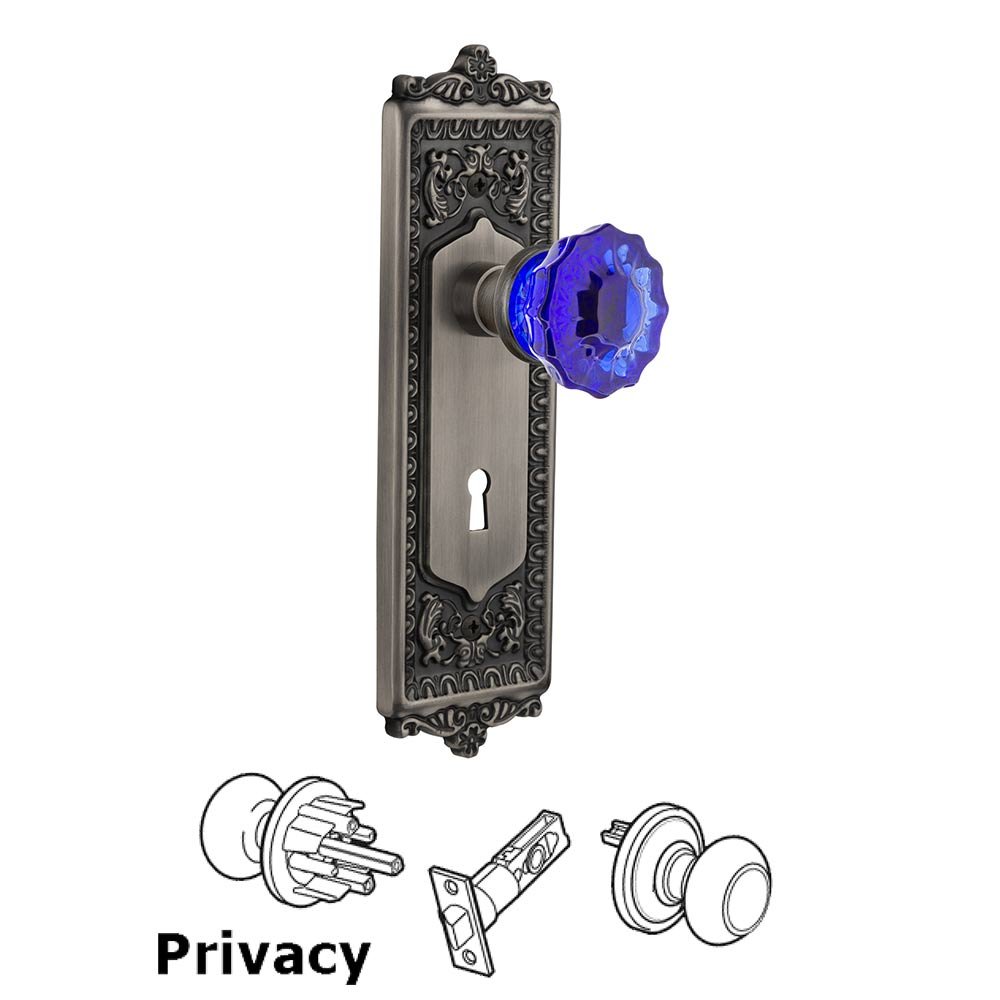 Nostalgic Warehouse - Privacy - Egg & Dart Plate with Keyhole Crystal Cobalt Glass Door Knob in Antique Pewter