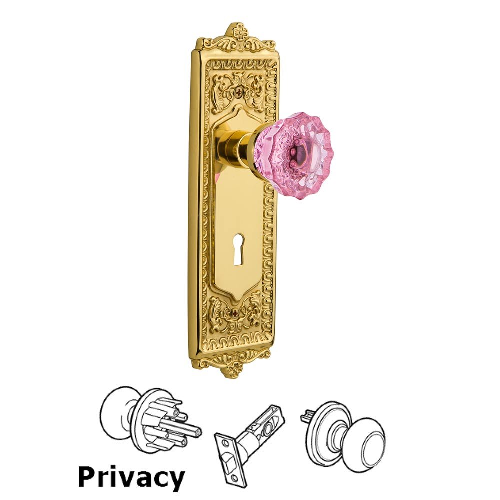 Nostalgic Warehouse - Privacy - Egg & Dart Plate with Keyhole Crystal Pink Glass Door Knob in Polished Brass