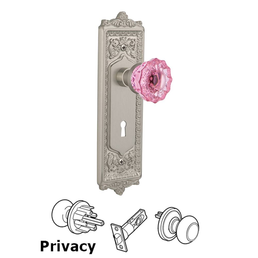Nostalgic Warehouse - Privacy - Egg & Dart Plate with Keyhole Crystal Pink Glass Door Knob in Satin Nickel