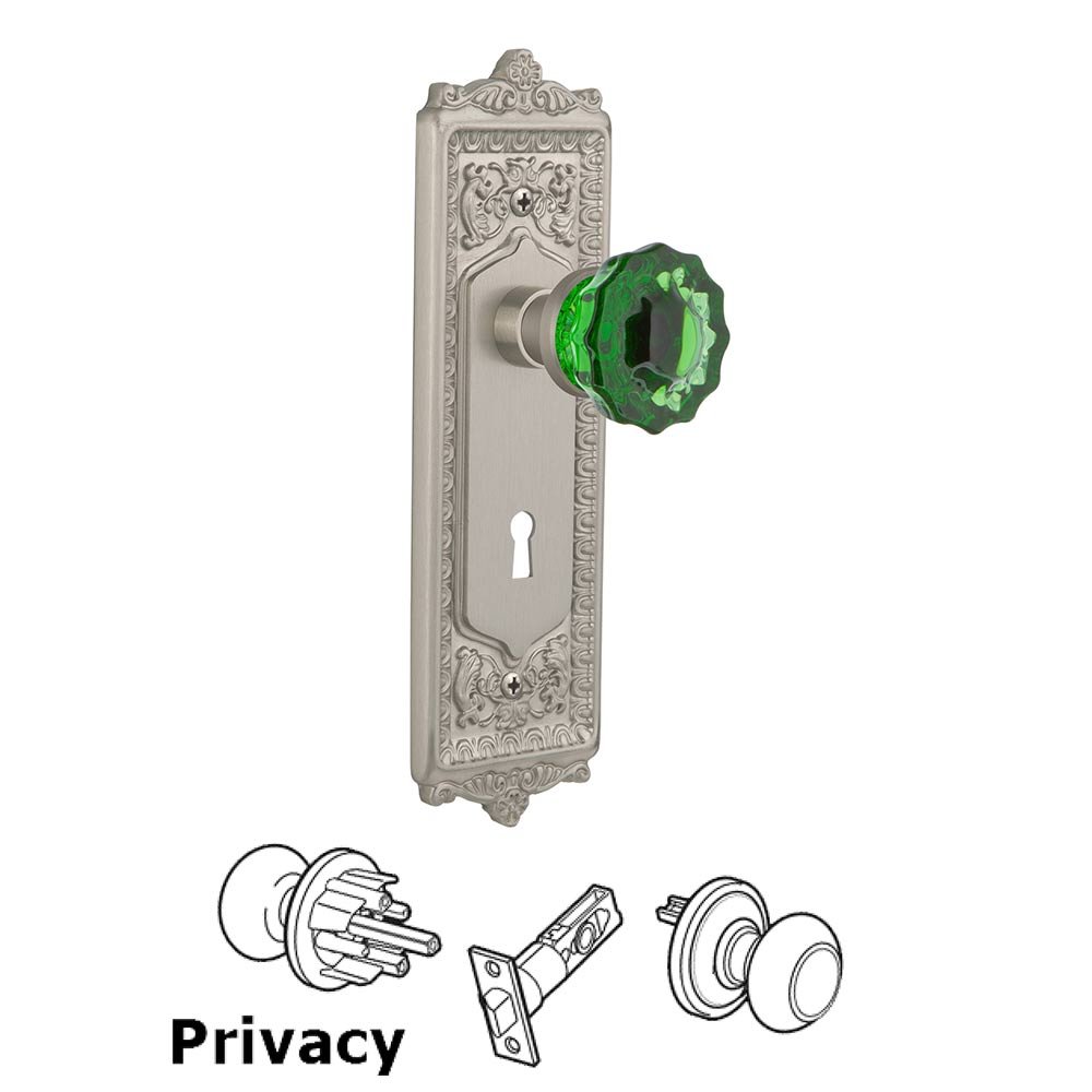 Nostalgic Warehouse - Privacy - Egg & Dart Plate with Keyhole Crystal Emerald Glass Door Knob in Satin Nickel