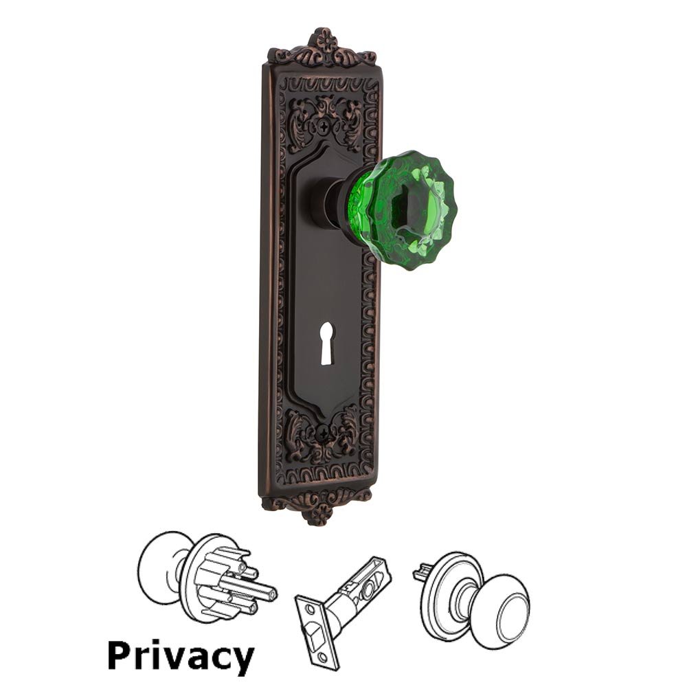 Nostalgic Warehouse - Privacy - Egg & Dart Plate with Keyhole Crystal Emerald Glass Door Knob in Timeless Bronze