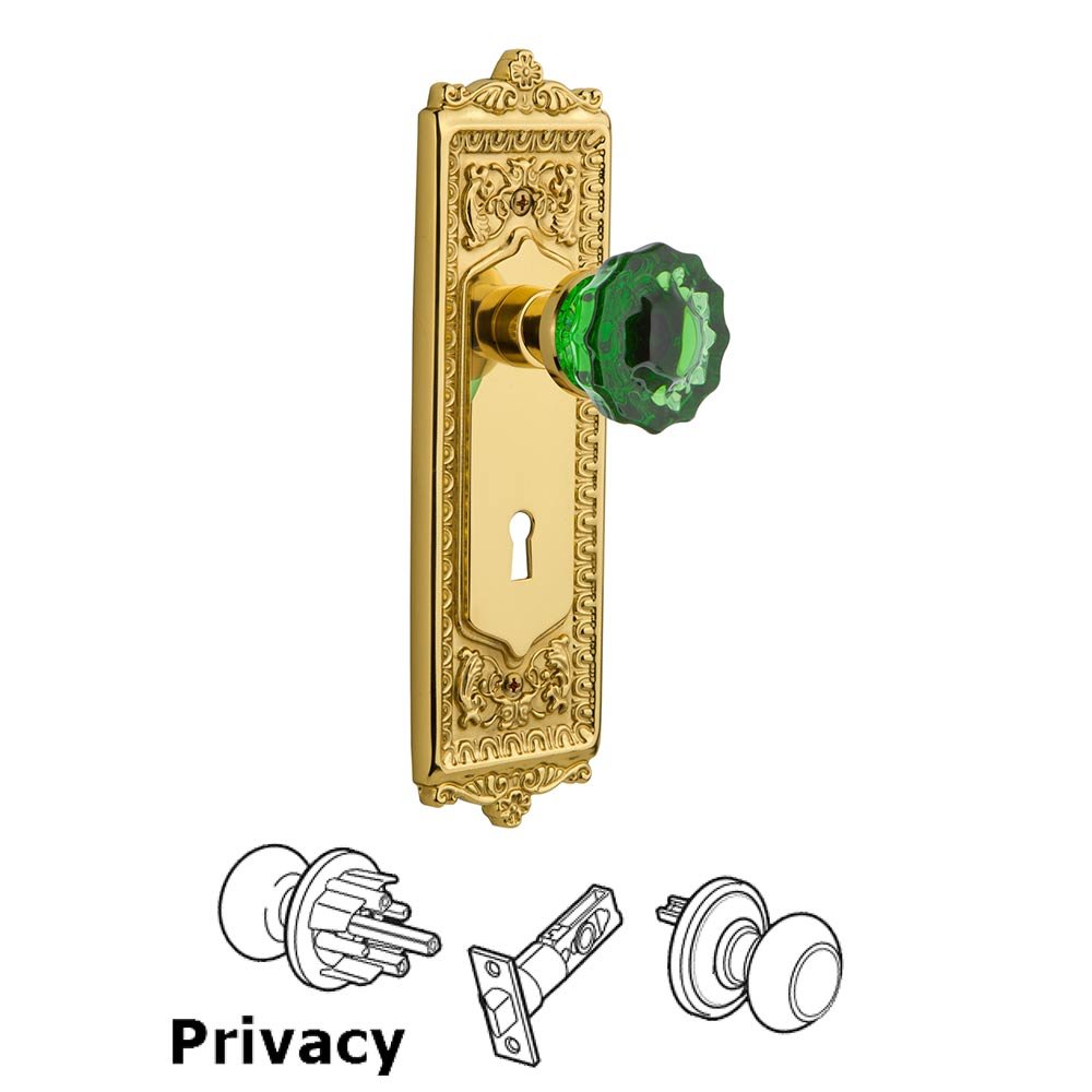 Nostalgic Warehouse - Privacy - Egg & Dart Plate with Keyhole Crystal Emerald Glass Door Knob in Unlaquered Brass