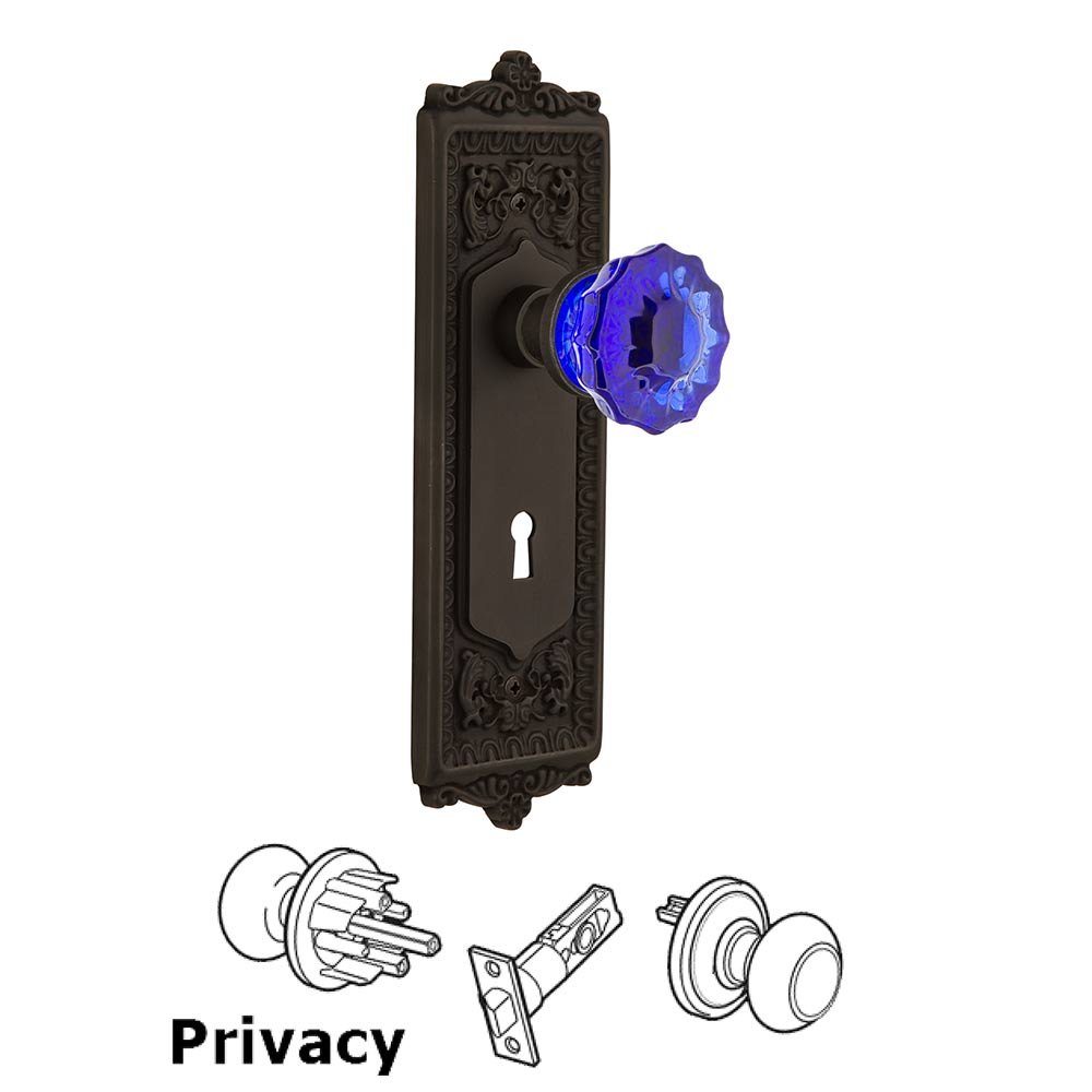 Nostalgic Warehouse - Privacy - Egg & Dart Plate with Keyhole Crystal Cobalt Glass Door Knob in Oil-Rubbed Bronze