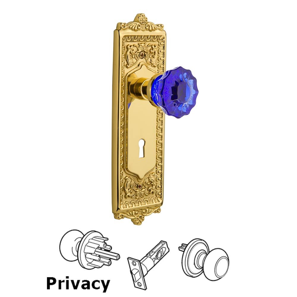 Nostalgic Warehouse - Privacy - Egg & Dart Plate with Keyhole Crystal Cobalt Glass Door Knob in Polished Brass