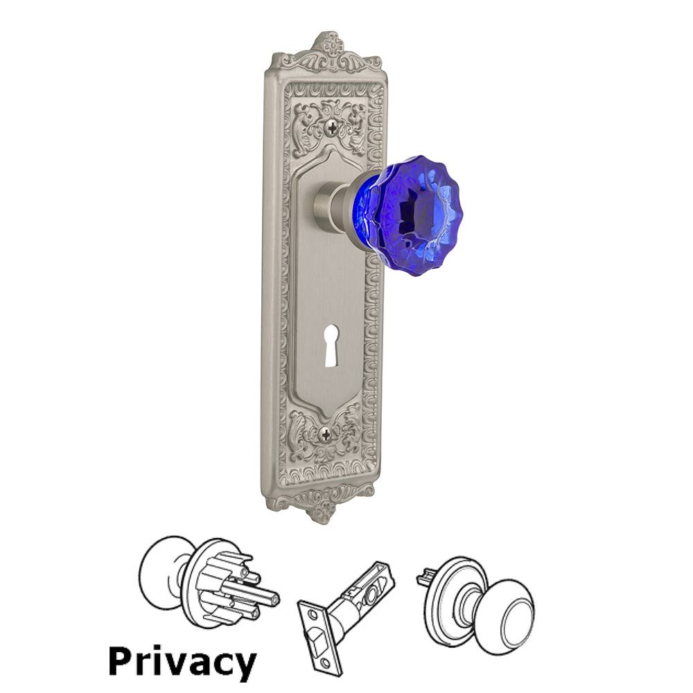 Nostalgic Warehouse - Privacy - Egg & Dart Plate with Keyhole Crystal Cobalt Glass Door Knob in Satin Nickel
