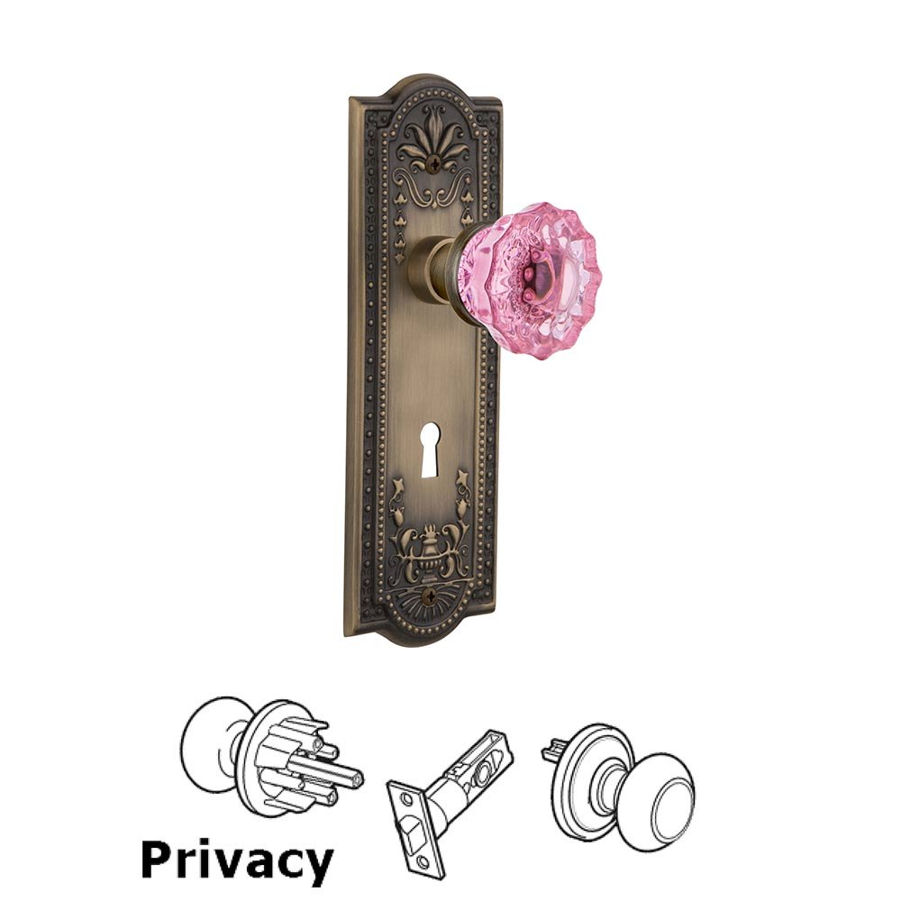 Nostalgic Warehouse - Privacy - Meadows Plate with Keyhole Crystal Pink Glass Door Knob in Antique Brass