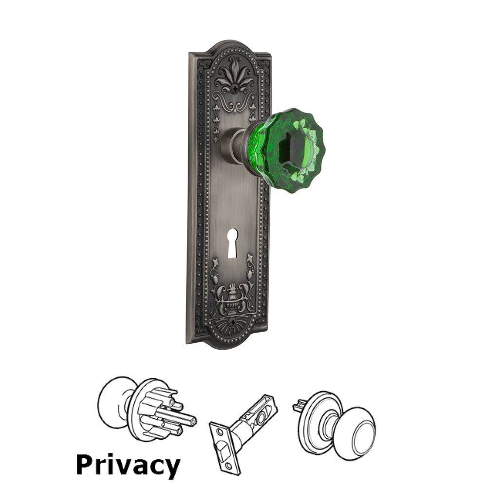 Nostalgic Warehouse - Privacy - Meadows Plate with Keyhole Crystal Emerald Glass Door Knob in Antique Pewter