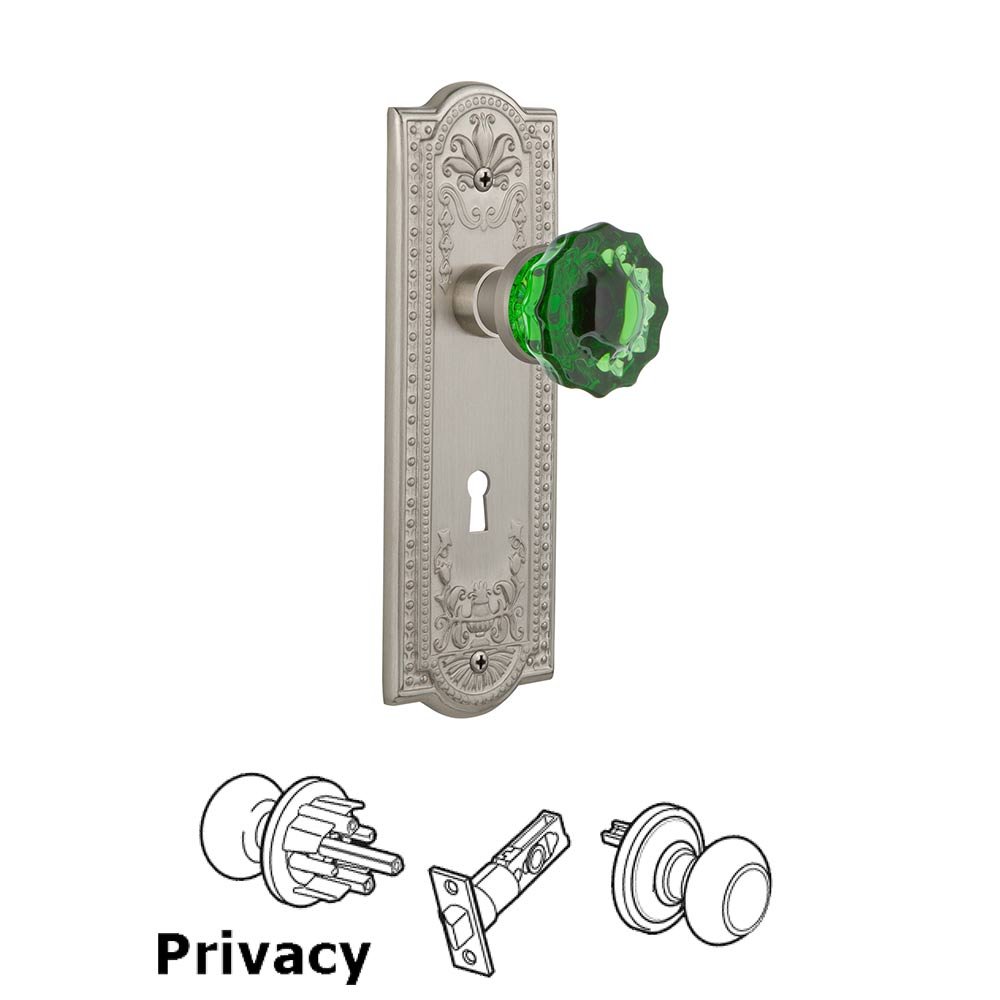 Nostalgic Warehouse - Privacy - Meadows Plate with Keyhole Crystal Emerald Glass Door Knob in Satin Nickel